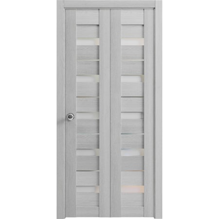 Sartodoors Sliding Closet Bi-fold Doors 72 x 80in, Quadro 4445 Light Grey Oak W/ Frosted Glass, Sturdy Tracks QUADRO4445BF-OAK-72